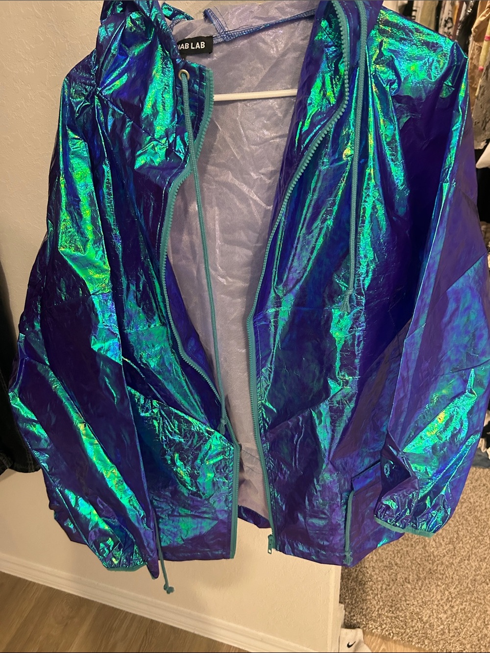 Iridescent Blue-Green Bomber Jacket with Hood